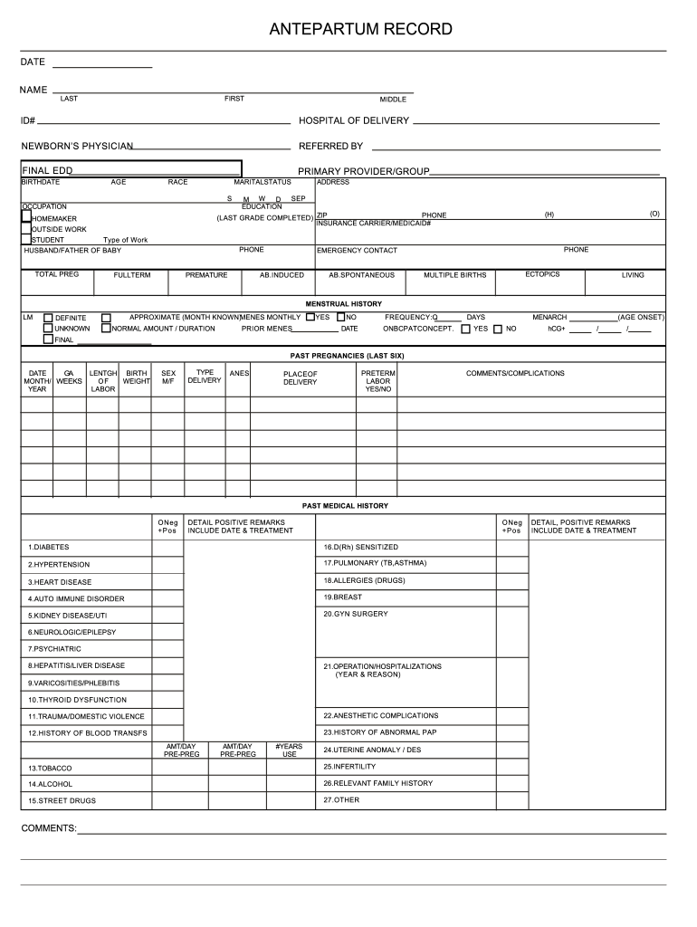 Prenatal Record Template  Form