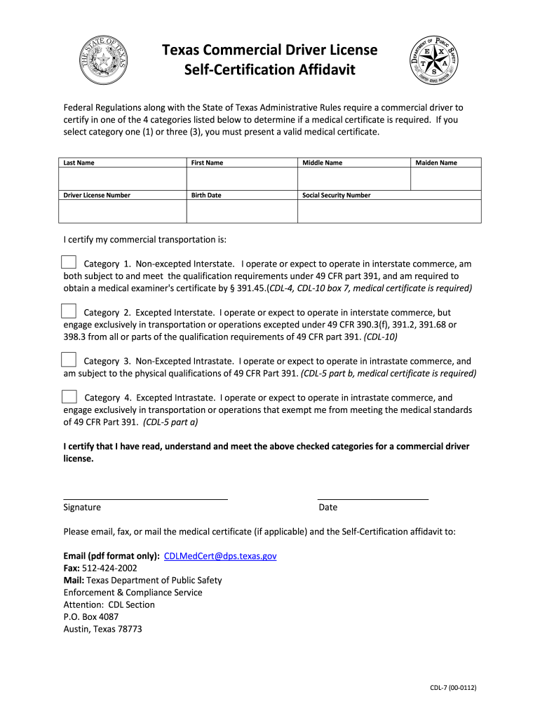 Get and Sign Texas Commercial Driver License Self Certification Affidavit 2012-2022 Form