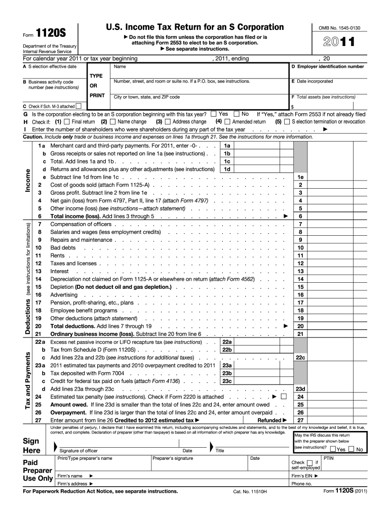 U S Income Tax Return for an S Corporation  Internal Revenue  Form