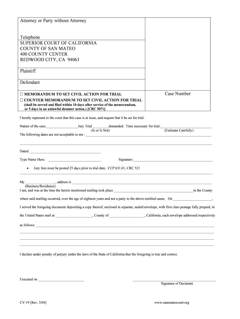  Memorandum to Set Civil Actio for Trial Form 2004-2024