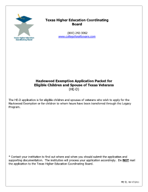 Hazlewood Exemption Application Packet for Veterans Home Vets Tamucc  Form