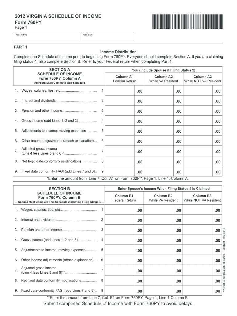 Virginia Form 760py Schedule of Income