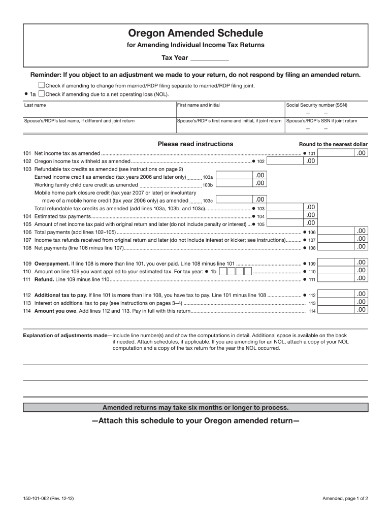  Oregon Amended Schedule  Form 2012
