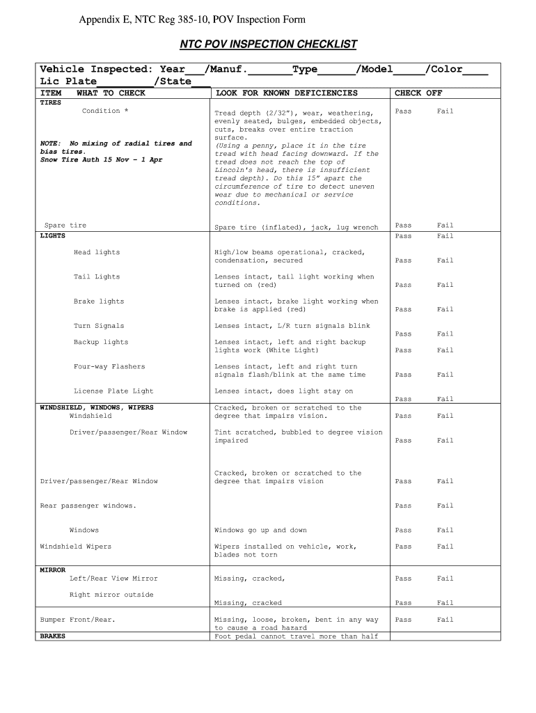 Army Pov Inspection Sheet  Form