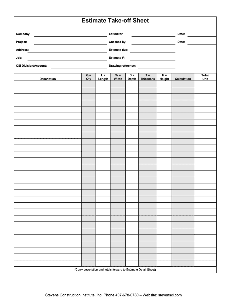 Take off Sheet Sample PDF  Form