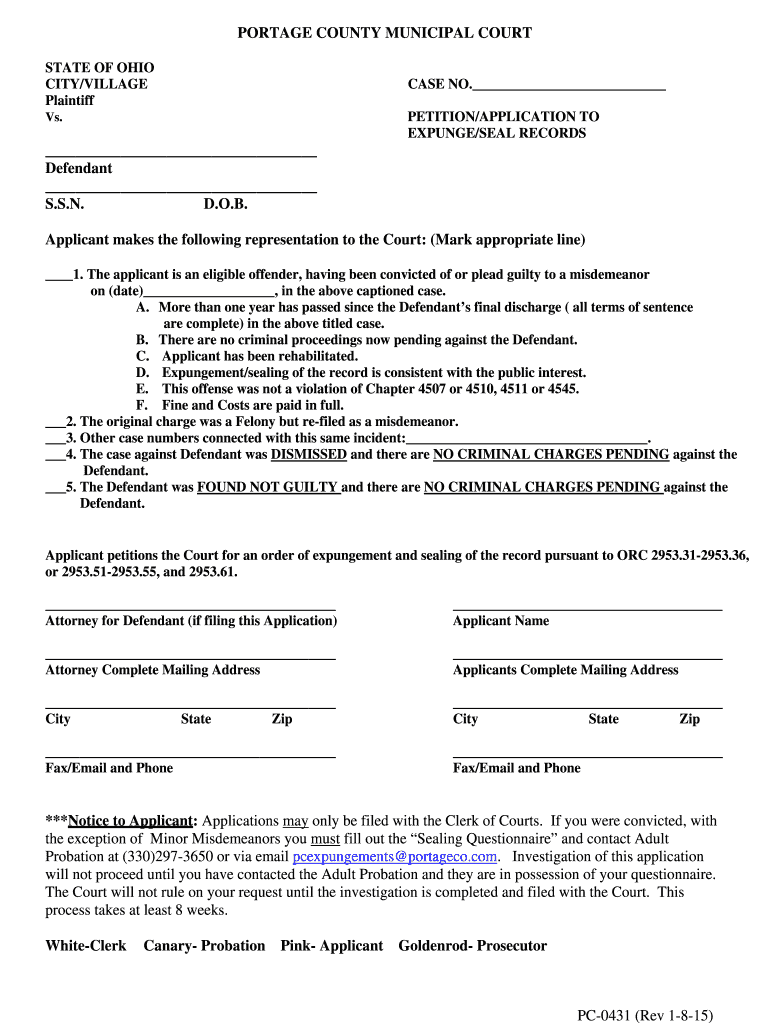  Ohio Expungement Form New 2011-2024