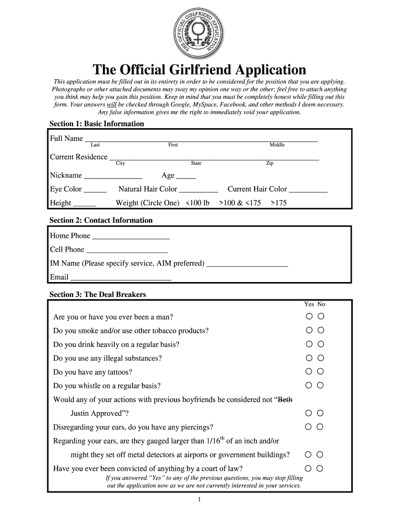 Girlfriend Application  Form