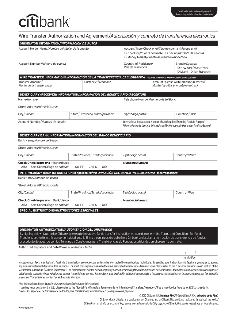 Citibank Wire Transfer Form