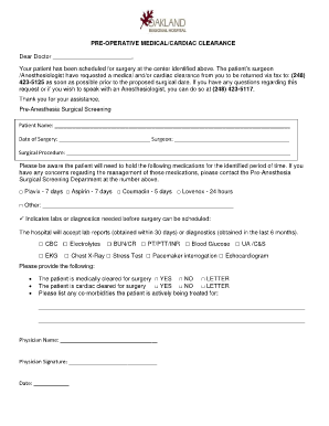 Pre Operative MedicalCardiac Clearance Oakland Regional Hospital  Form