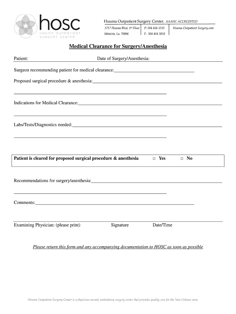 Surgery Medical Clearance Form