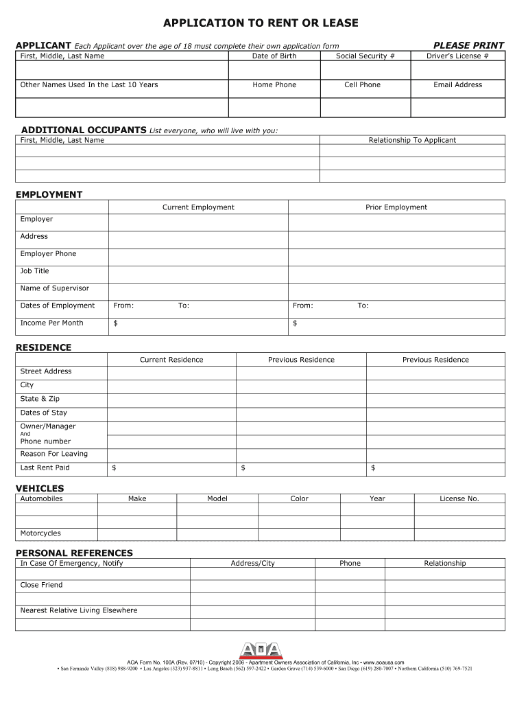 Blank Resident Rental Application Form