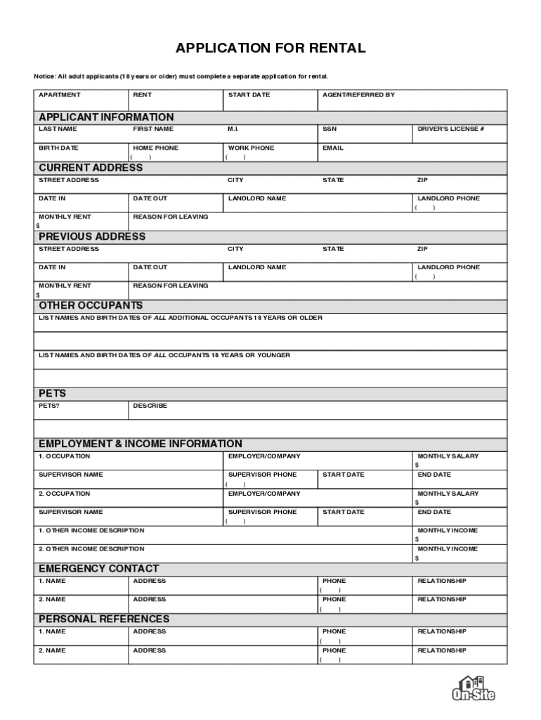 Blank Resident Rental Application Form