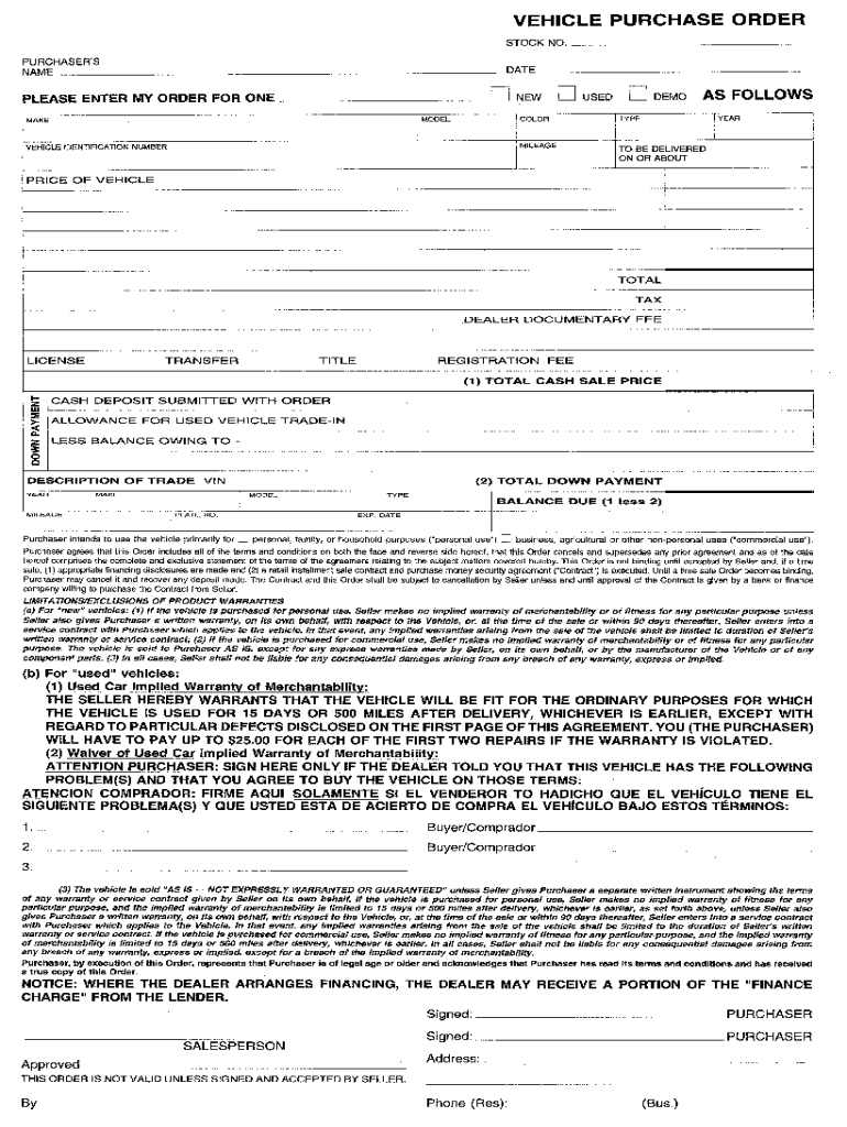 Used Vehicle Order Form PDF