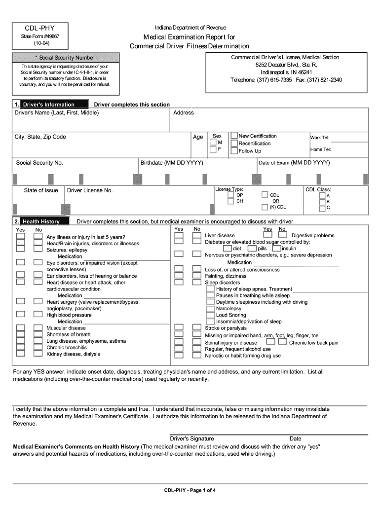  Indiana Cdl Physical Form 2004-2024