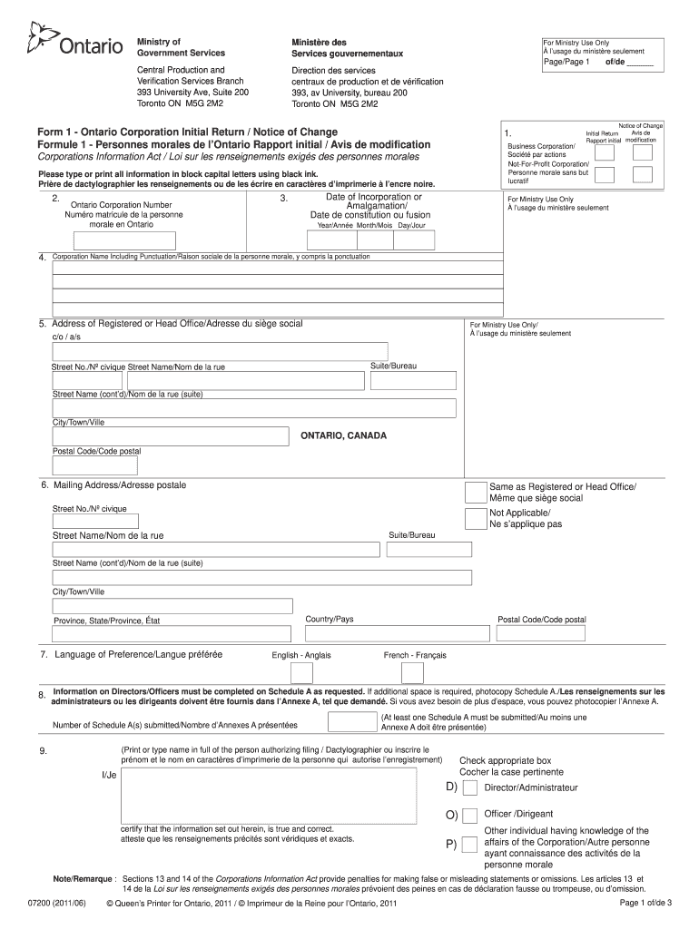 Get and Sign Form 1 Ontario Corporation 2011-2022