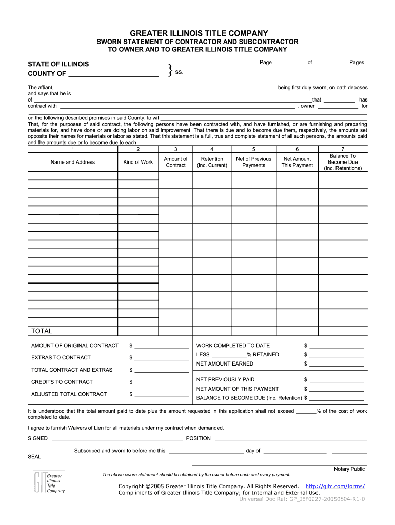 Sworn Statement for Contractor and Subcontractor to Owner  Form