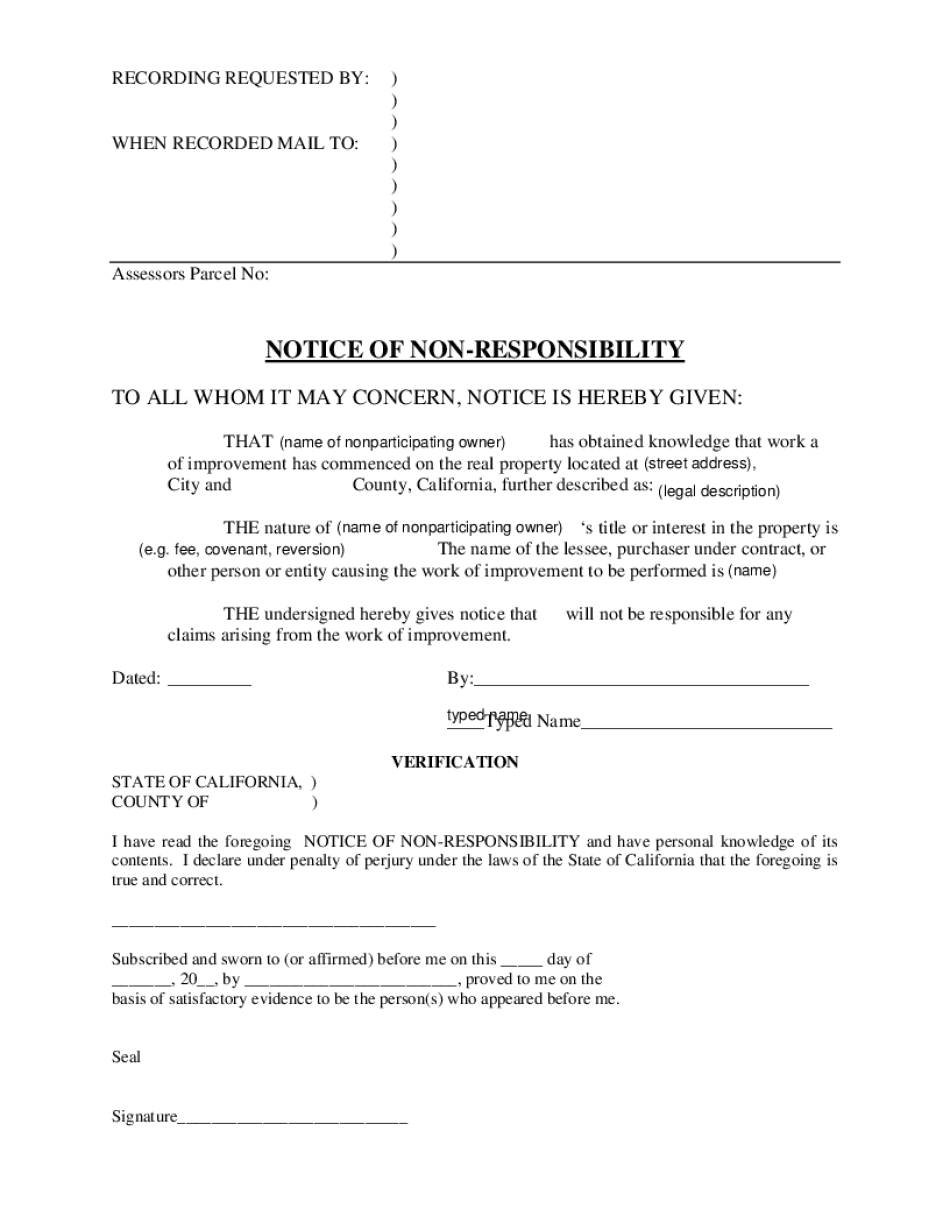  Notice of Non Responsibility California Form 2013-2024