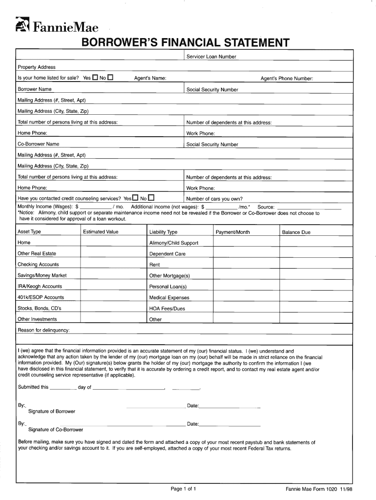  Financial Statement Form 1020 1998