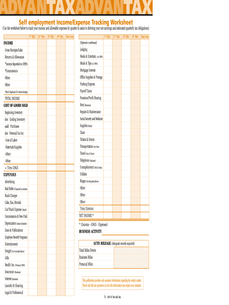 Business Income and Expense Worksheet  Form