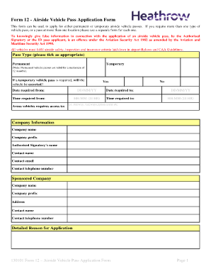 Form 12 Airside Vehicle Pass Application Form Heathrow Airport