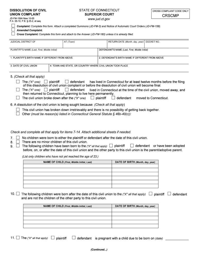  Dissolution of Civil Union Complaint JD FM 159A  Connecticut    Jud Ct 2005