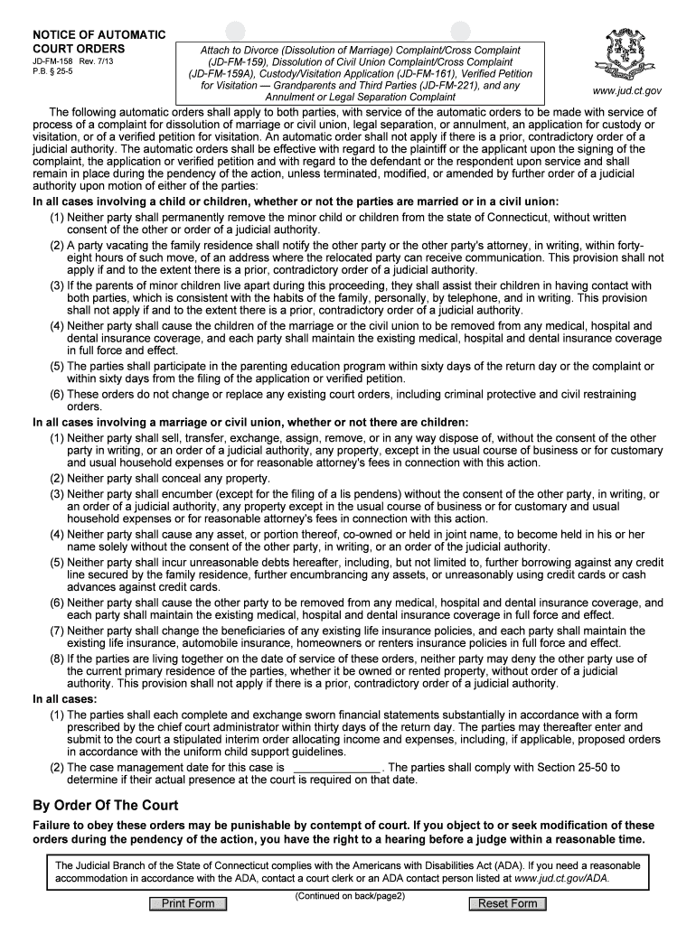  Notice of Automatic Court Orders JD FM 158 Connecticut Judicial 2013