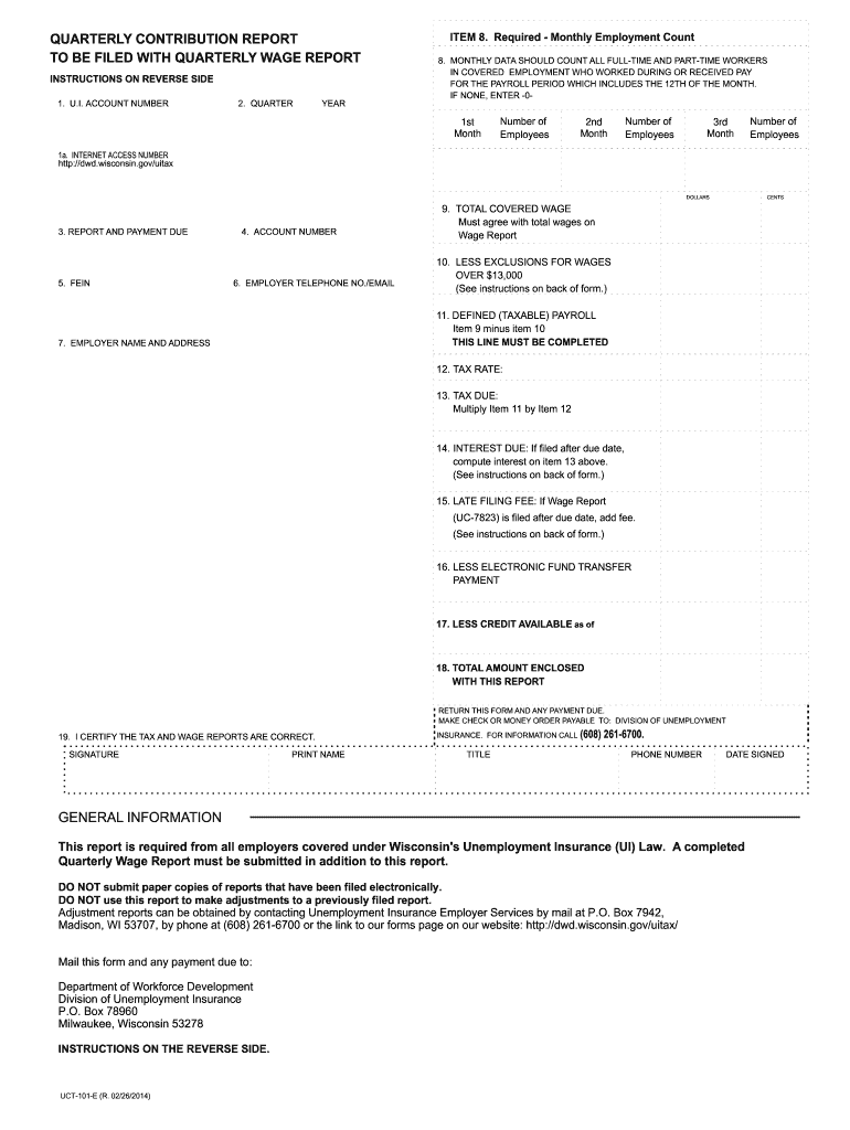  UCT 101 E , Quarterly Contribution Report to Be Filed with Quarterly Wage Report This Form is Used by Employers to Report Their  2012