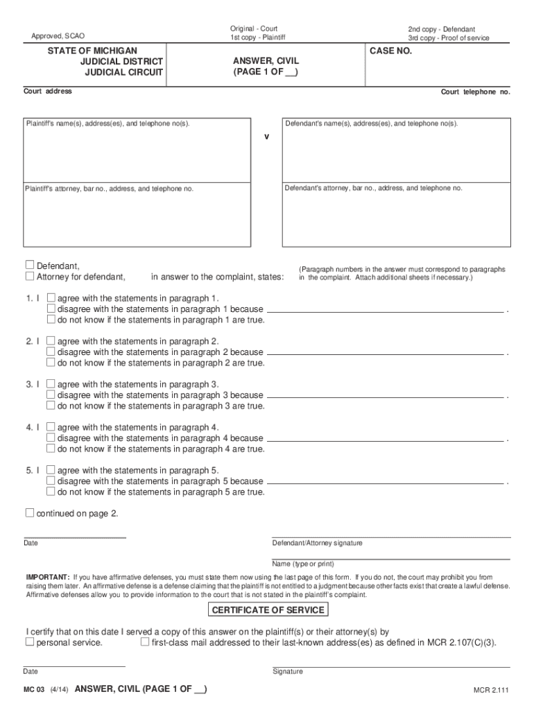  Michigan Answer  Form 2013