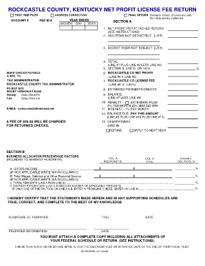 Rockcastle County Kentucky Net Profit License Fee Return Filliable Form