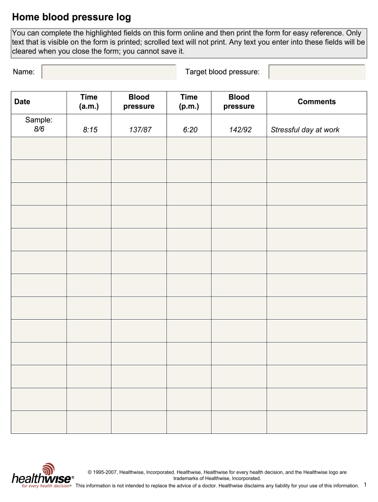 Healthwise Home Blood Pressure Log To Print Form Fill Out And Sign 