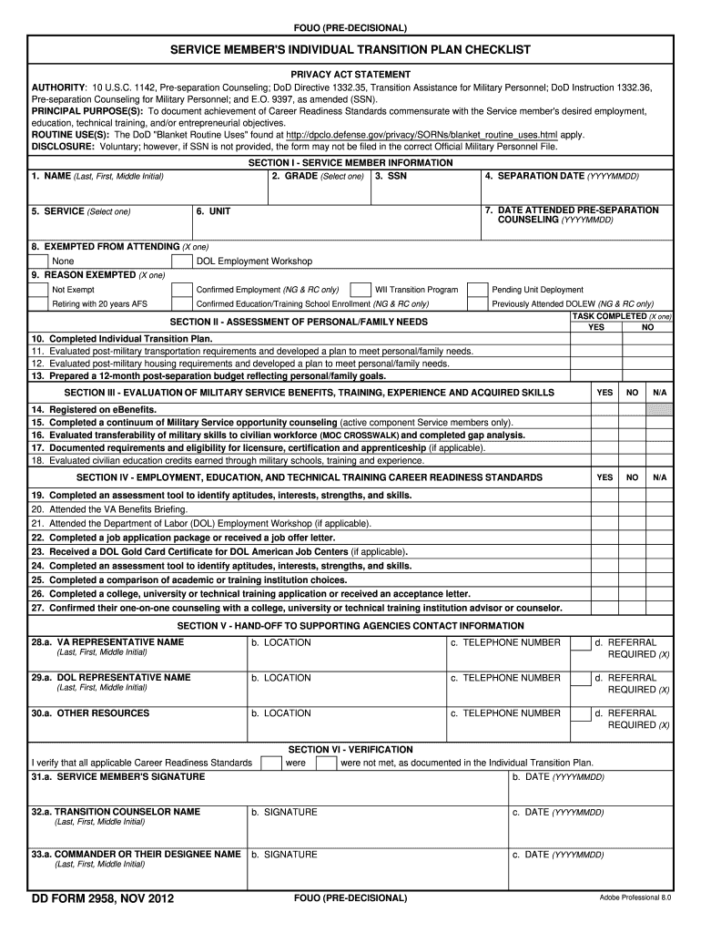  DD Form 2958, Service Member's Individual Transition Plan 2013