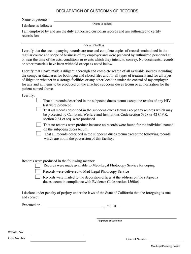 Sample Declaration of Custodian of Records California  Form