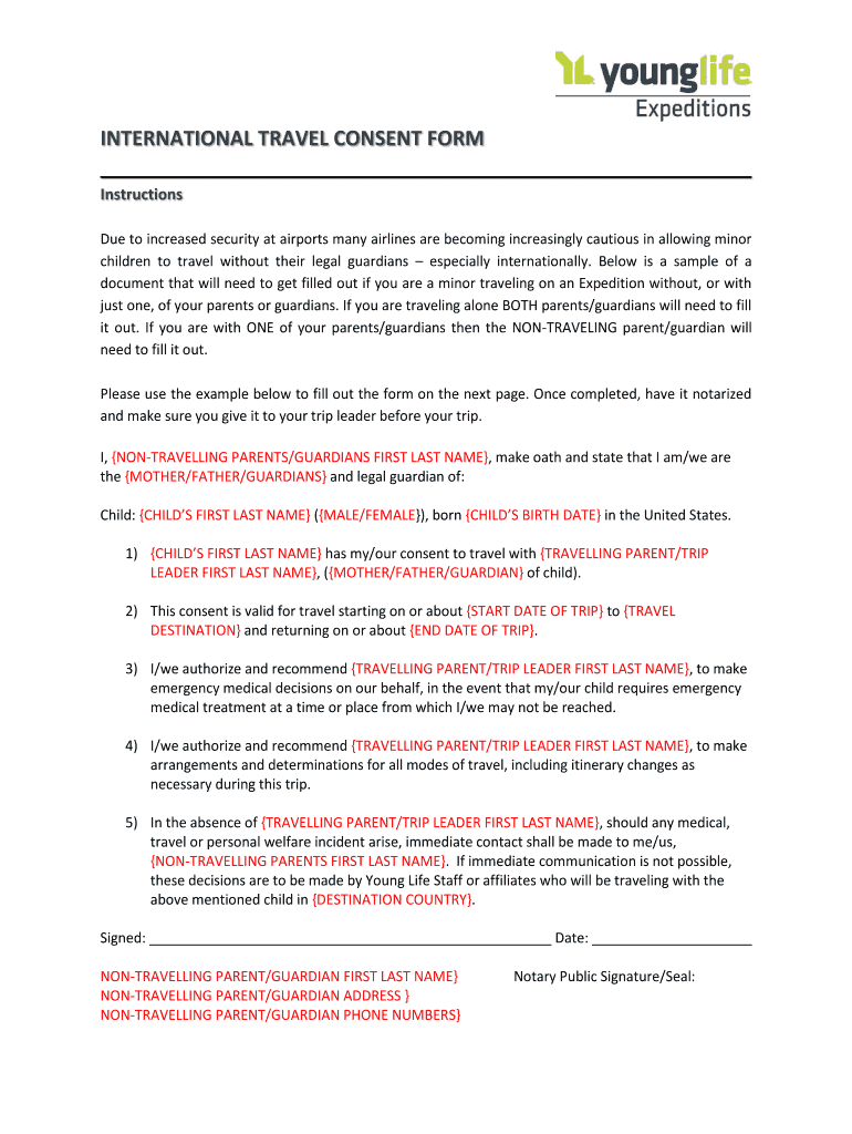 Minor Travel Consent to Travel with One Parent  Form