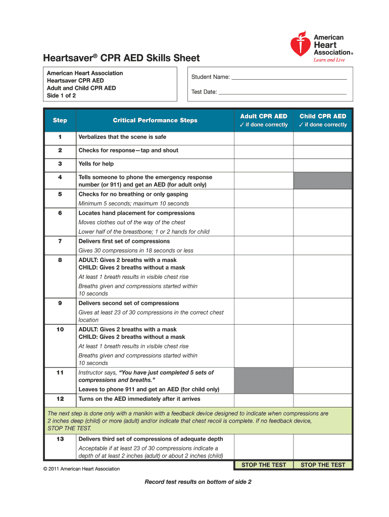 Heartsaver Cpr Aed Skills Sheet  Form