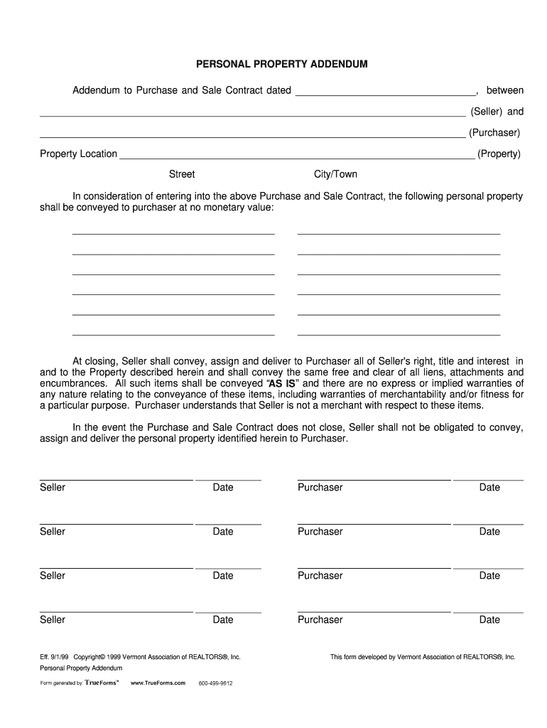 Personal Property Addendum to Real Estate Contract  Form