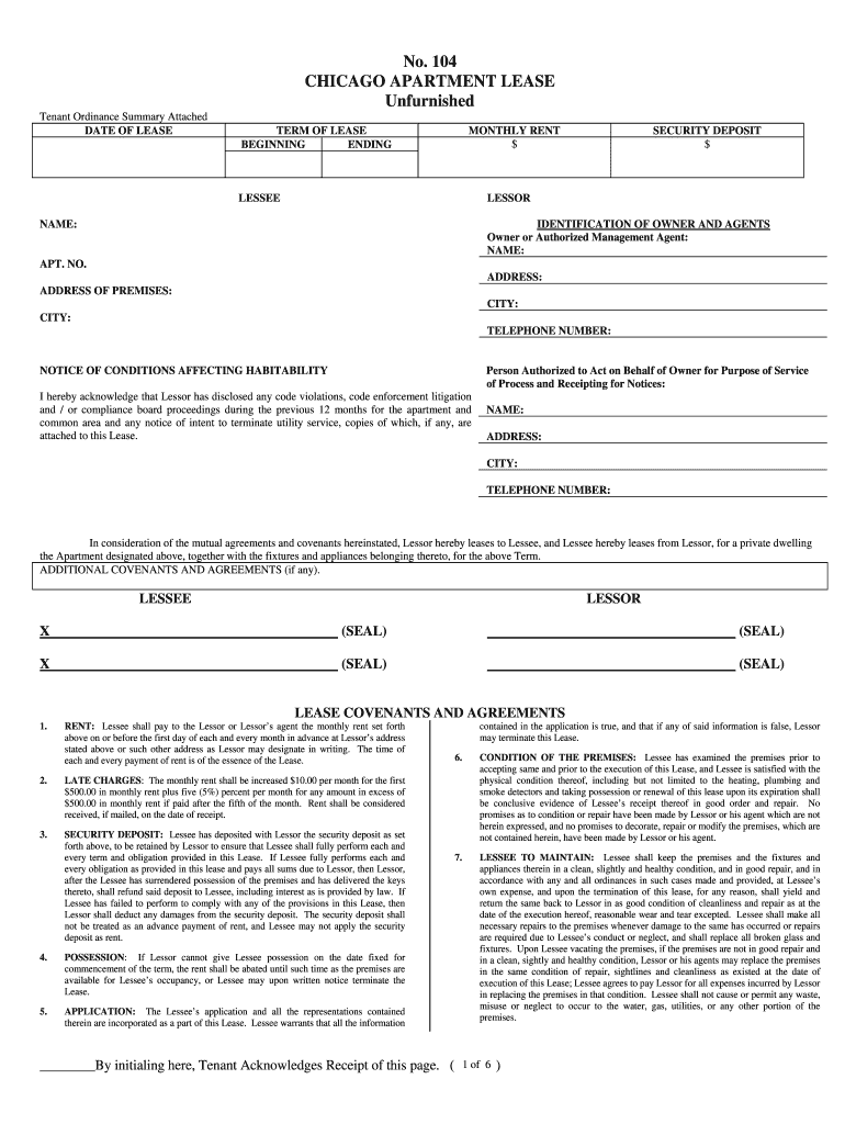 Chicago Apartment Lease Unfurnished  Form