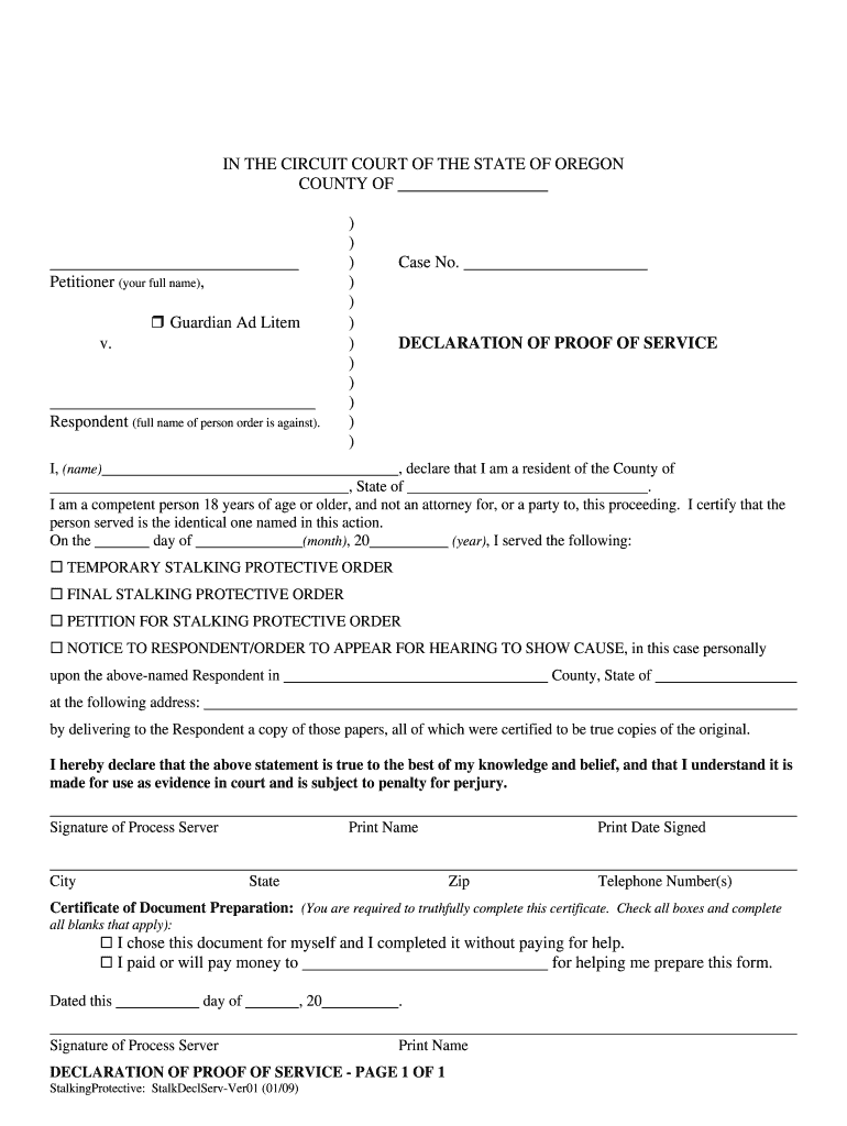  Oregon Proof of Service Form 2009