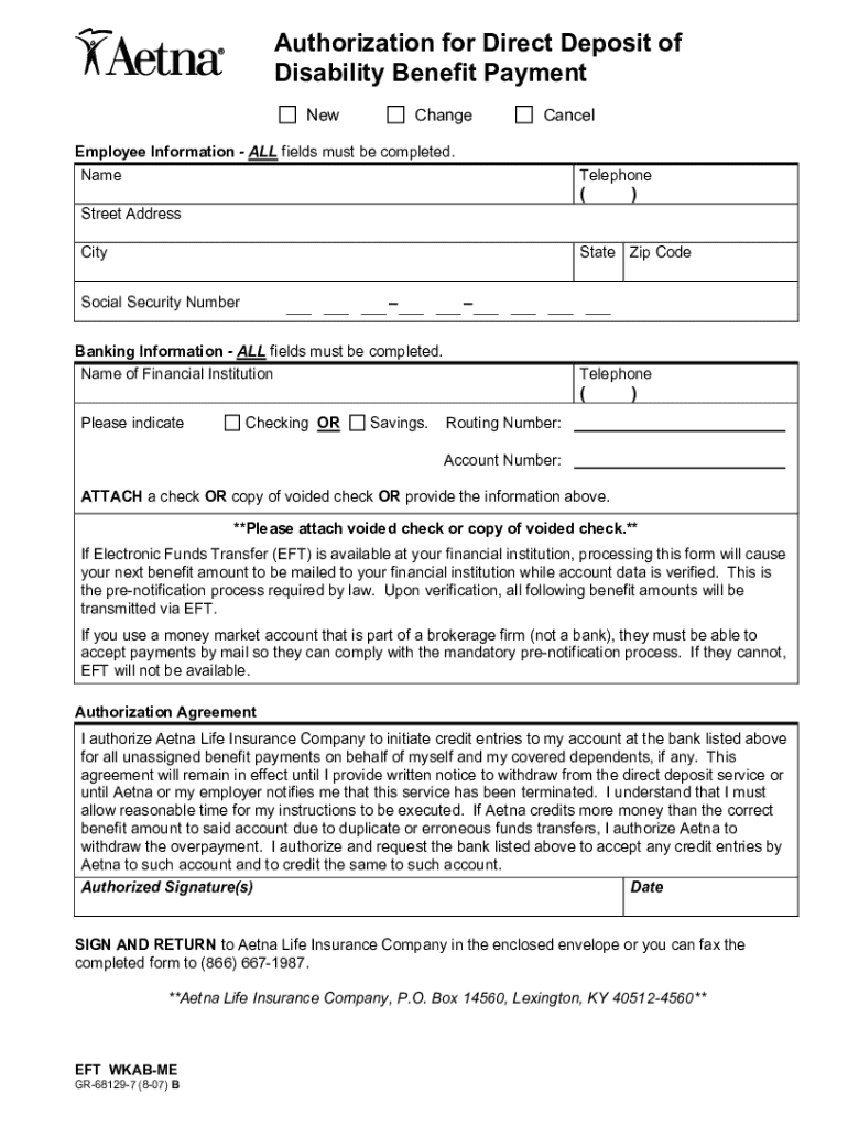  Aetna Eftdirect Deposit of Disability Benefit Payment Form 2007-2024