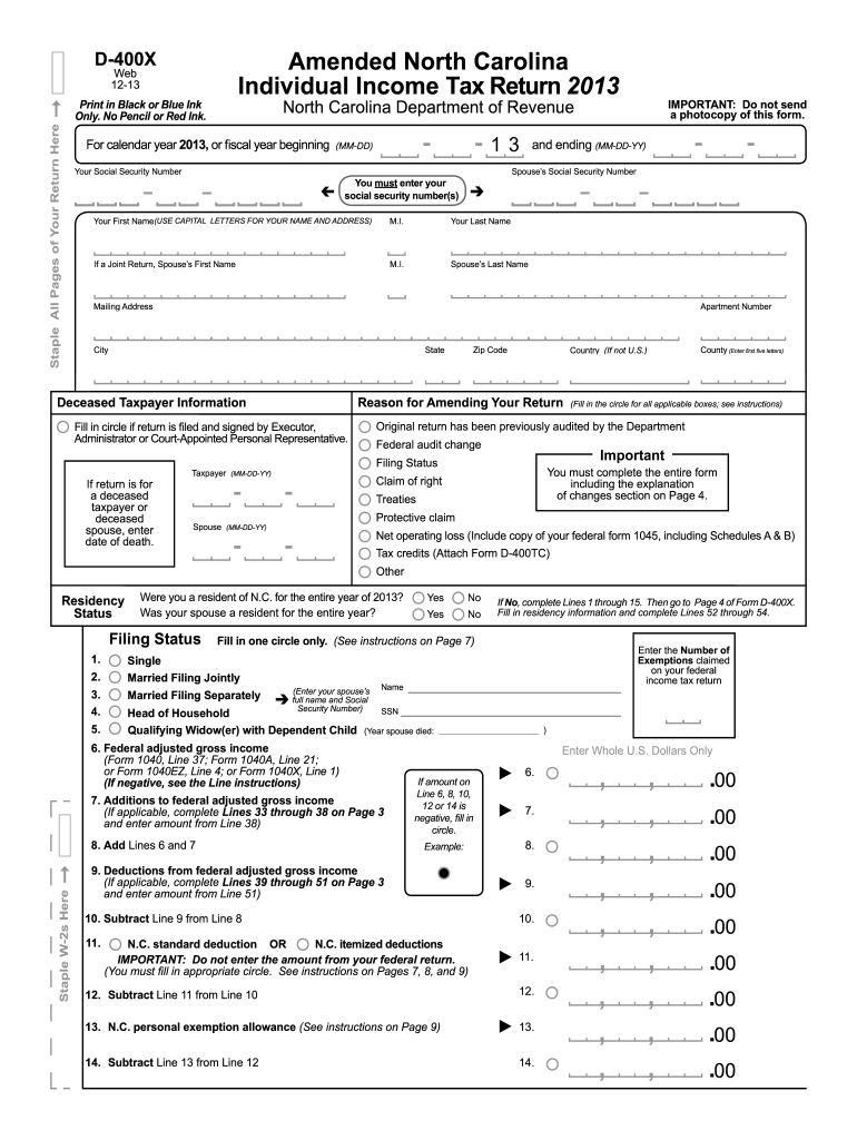 Amended North Carolina Individual Income Tax Return  Dor State Nc  Form