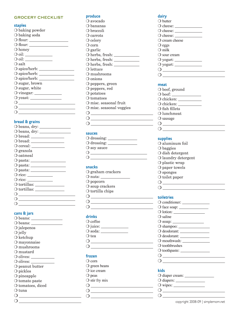 Fillable Grocery List  Form