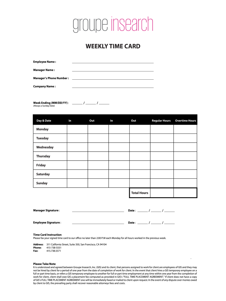 Printable Time Cards  Form