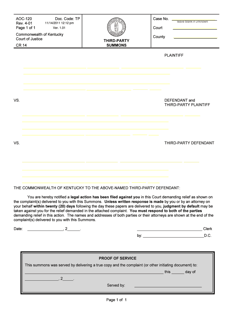  Summons in a Civil Action  U S Courts  Courts Ky 2001