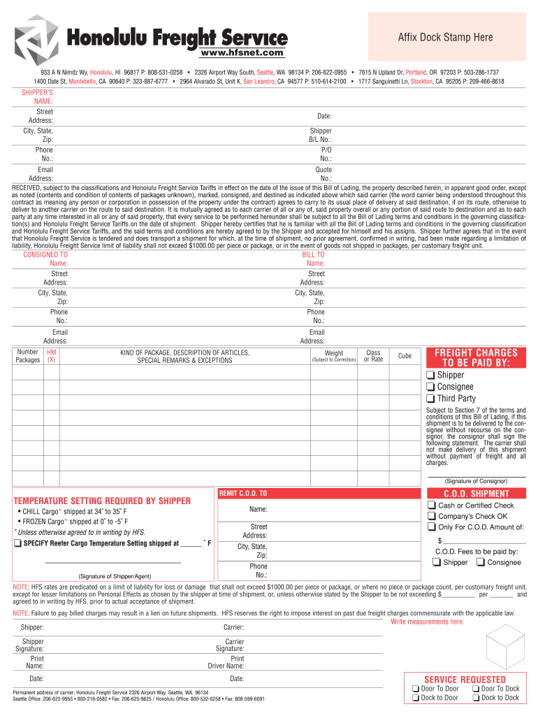 Bill Lading Conditions  Form