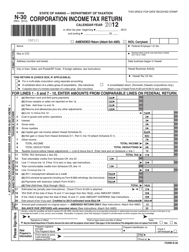  Form N 30, Rev , Corporation Income Tax Return Hawaii Gov 2019