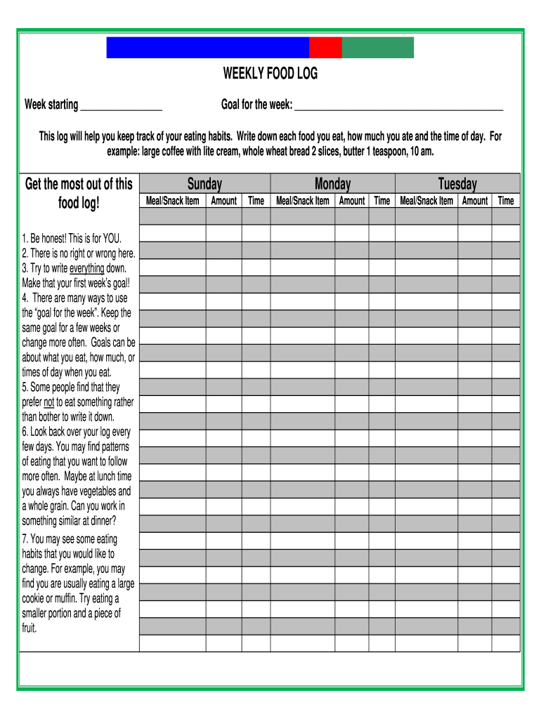 Weekly Food Journal Template  Form