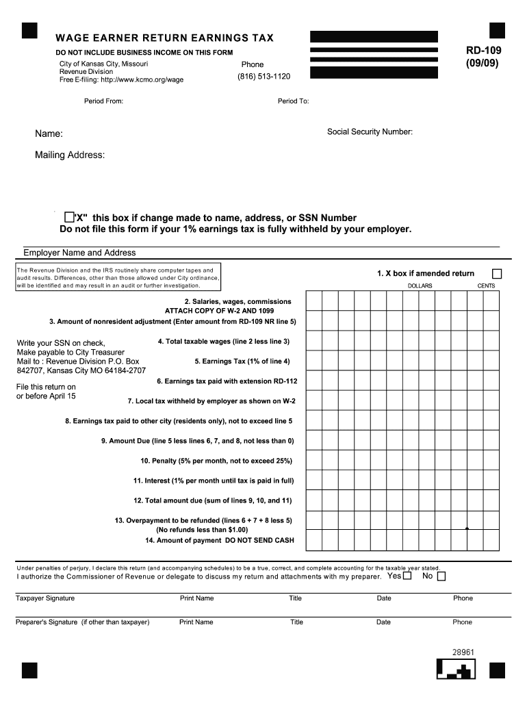  Kansas City Earnings Tax Form Rd 109 2020