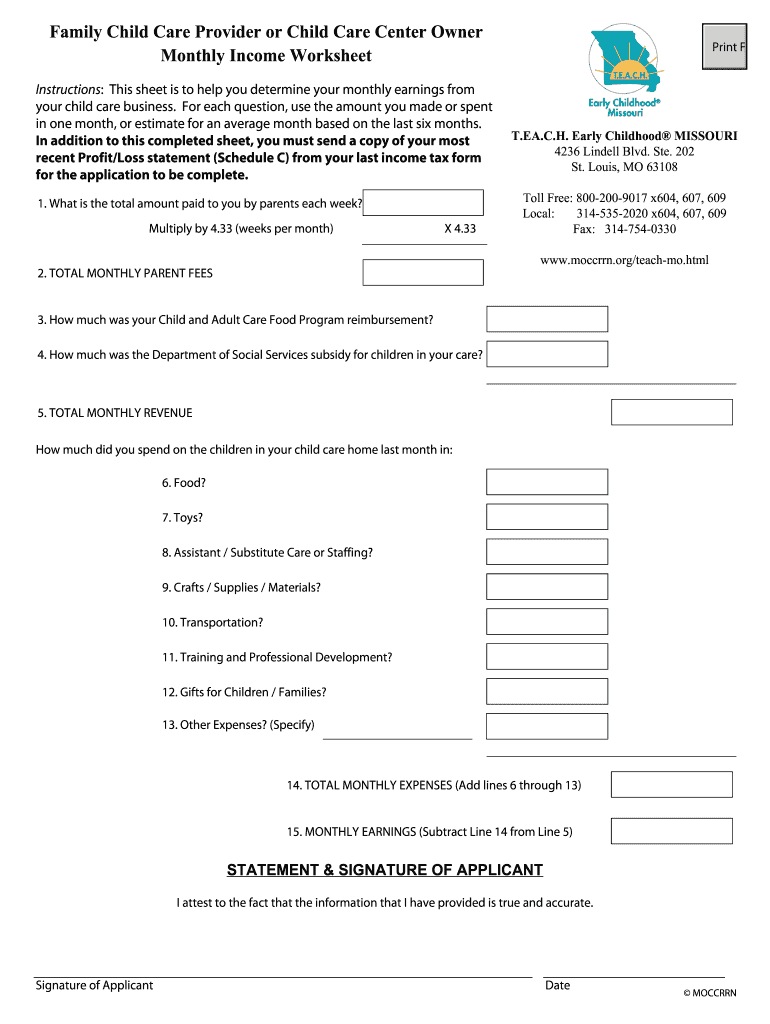 Daycare Income and Expense Worksheet  Form