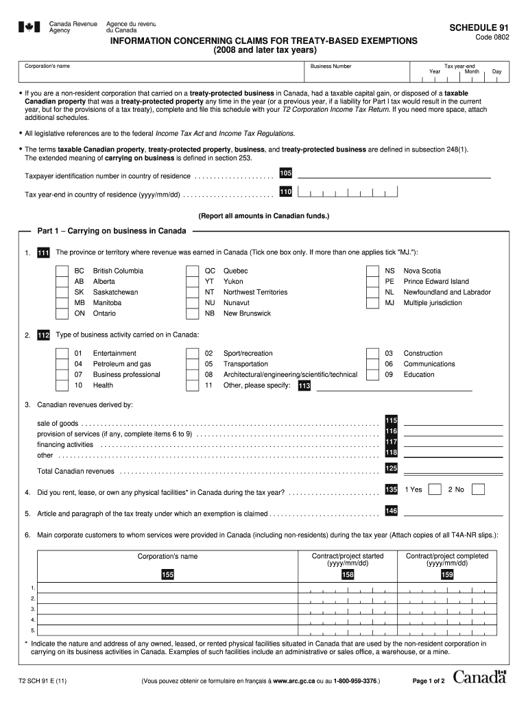  Information Concerning Claims for Treaty Based Exemptions Schedule 91 2011