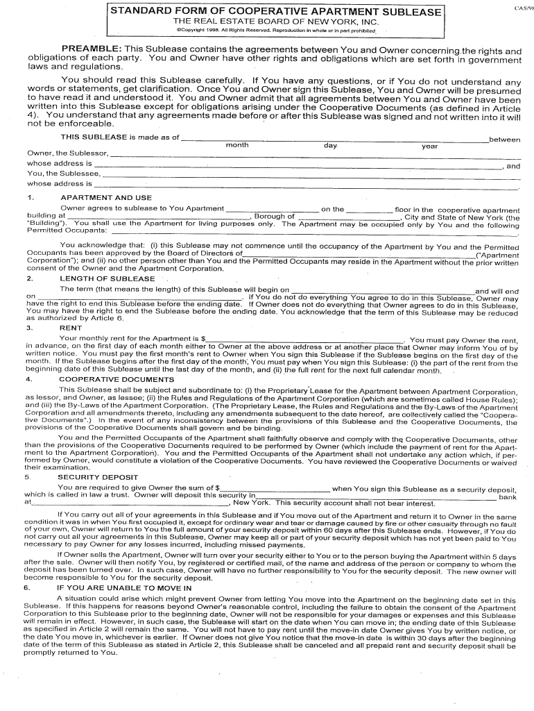 Standard Form of Cooperative Apartment Sublease