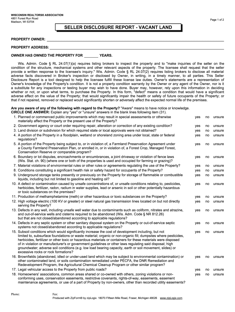 Wisconsin Vacant Land Disclosure Report  Form